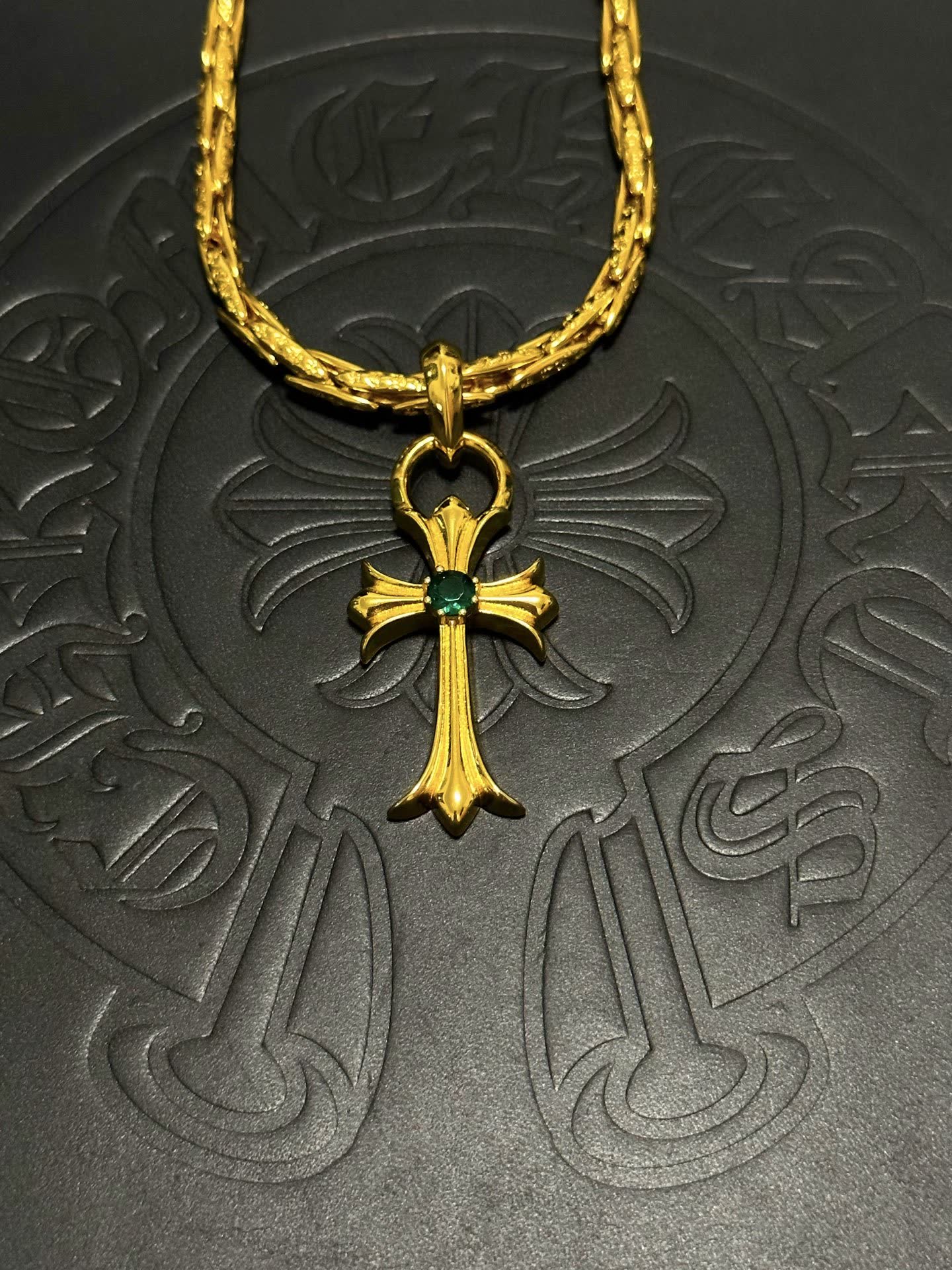 Chrome Hearts Gold Cross Pendant Necklace with Emerald